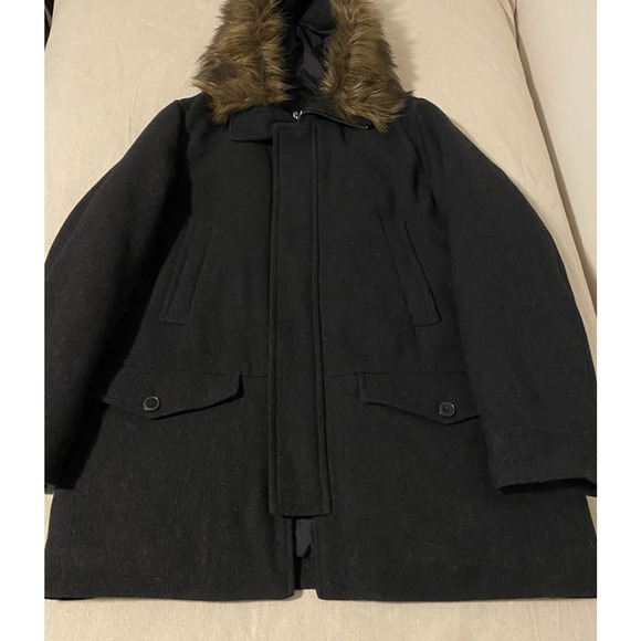 Gap Mens Coat Extra-Large Black Heavy Wool Blend Faux Fur Collar Hooded Jacket - Picture 6 of 16